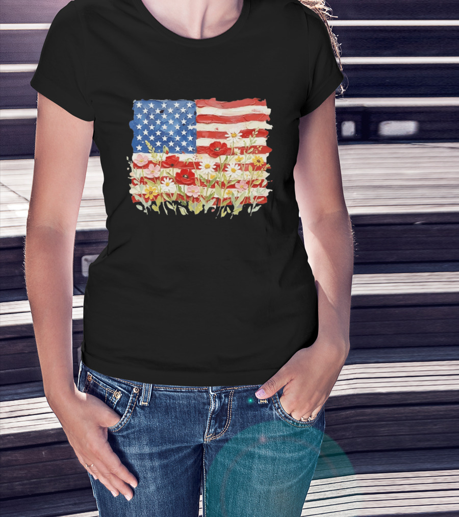 Floral American Flag With Impasto Texture And Flowers T-Shirt