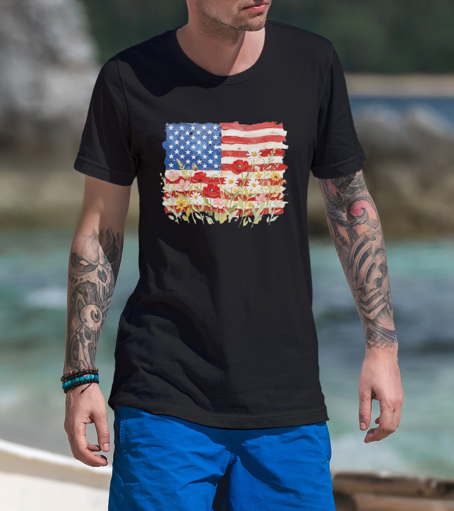 Floral American Flag With Impasto Texture And Flowers T-Shirt