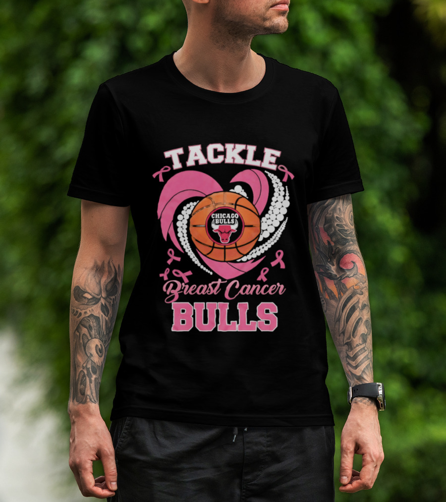 Tackle Breast Cancer Bulls Heart Pink Ribbons T-Shirt