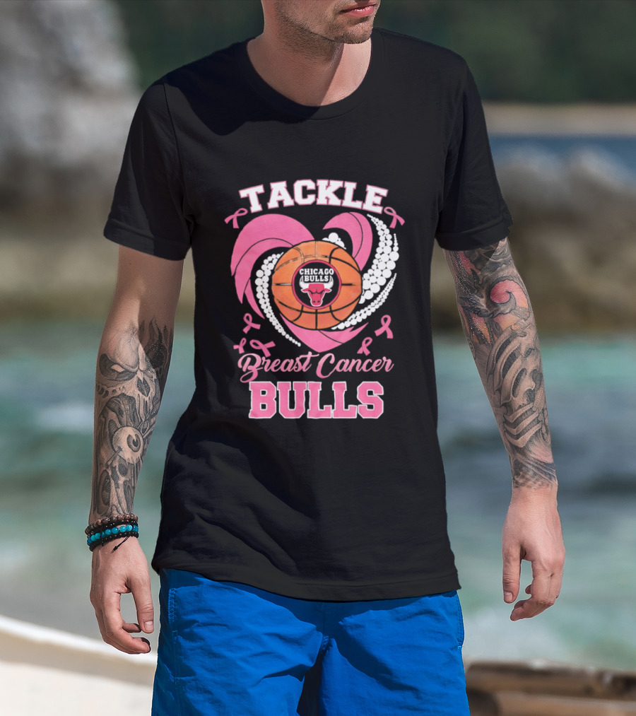 Tackle Breast Cancer Bulls Heart Pink Ribbons T-Shirt