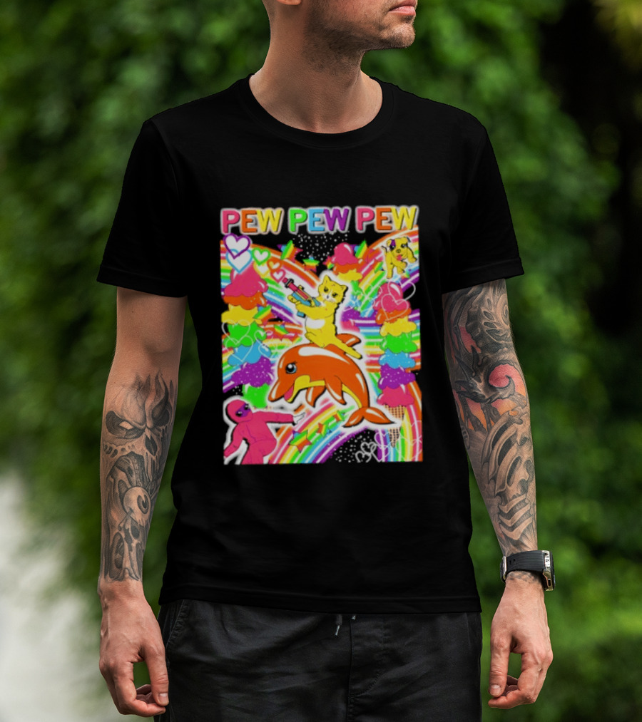 Pew Pew Pew Rainbow Pride Fun With Colorful Dolphins And Hearts T-Shirt
