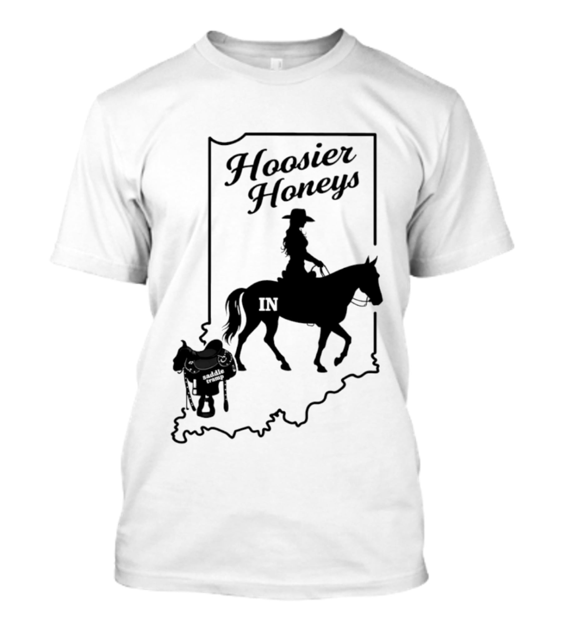 Hoosier Honeys Saddle Tramp Indiana State Map IN Horseback T-Shirt