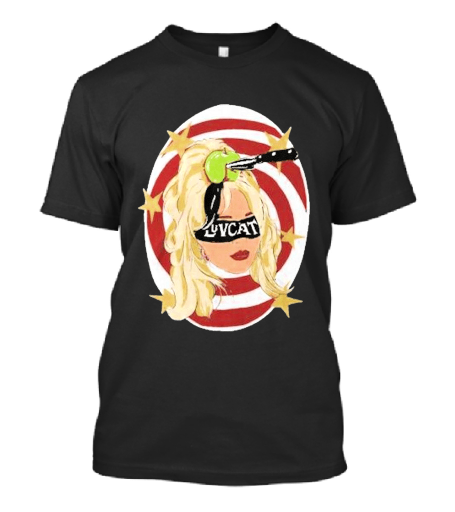 Luvcat Blonde Woman Bullseye Knife Apple Starburst T-Shirt