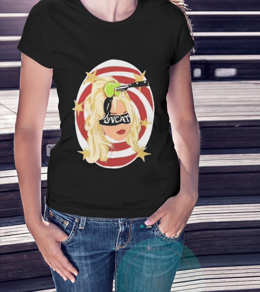 Luvcat Blonde Woman Bullseye Knife Apple Starburst T-Shirt
