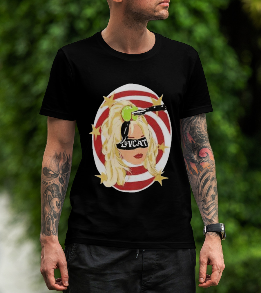 Luvcat Blonde Woman Bullseye Knife Apple Starburst T-Shirt