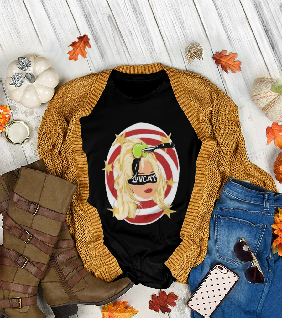 Luvcat Blonde Woman Bullseye Knife Apple Starburst T-Shirt