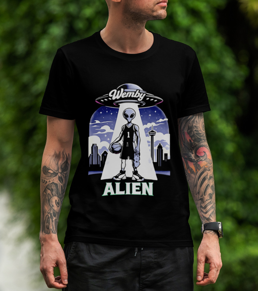 Wemby Alien Basketball UFO Skyline T-Shirt