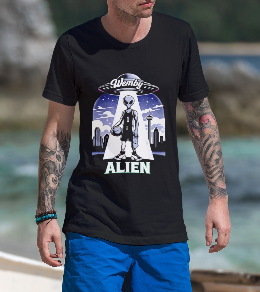 Wemby Alien Basketball UFO Skyline T-Shirt