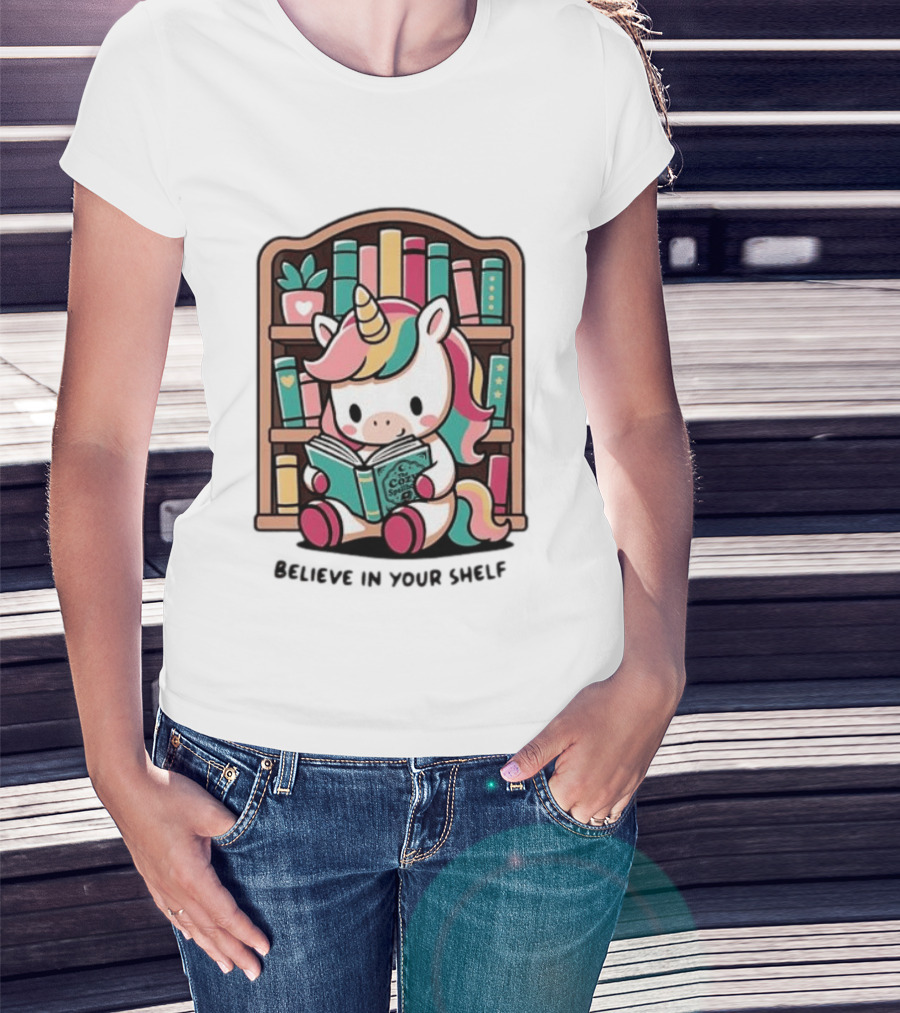 Unicorn Reading Believe In Your Shelf Bookshelf Magic T-Shirt