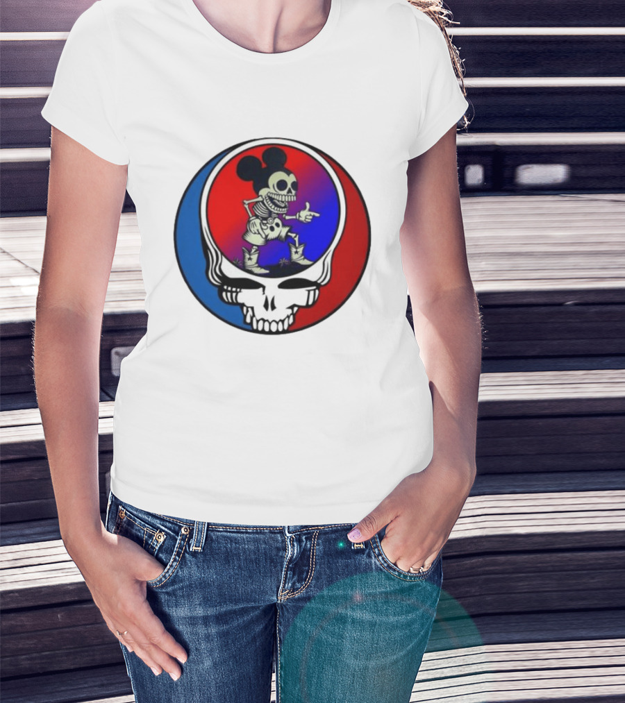 Mickey Mouse Skeleton With Grateful Dead Skull And Roses T-Shirt