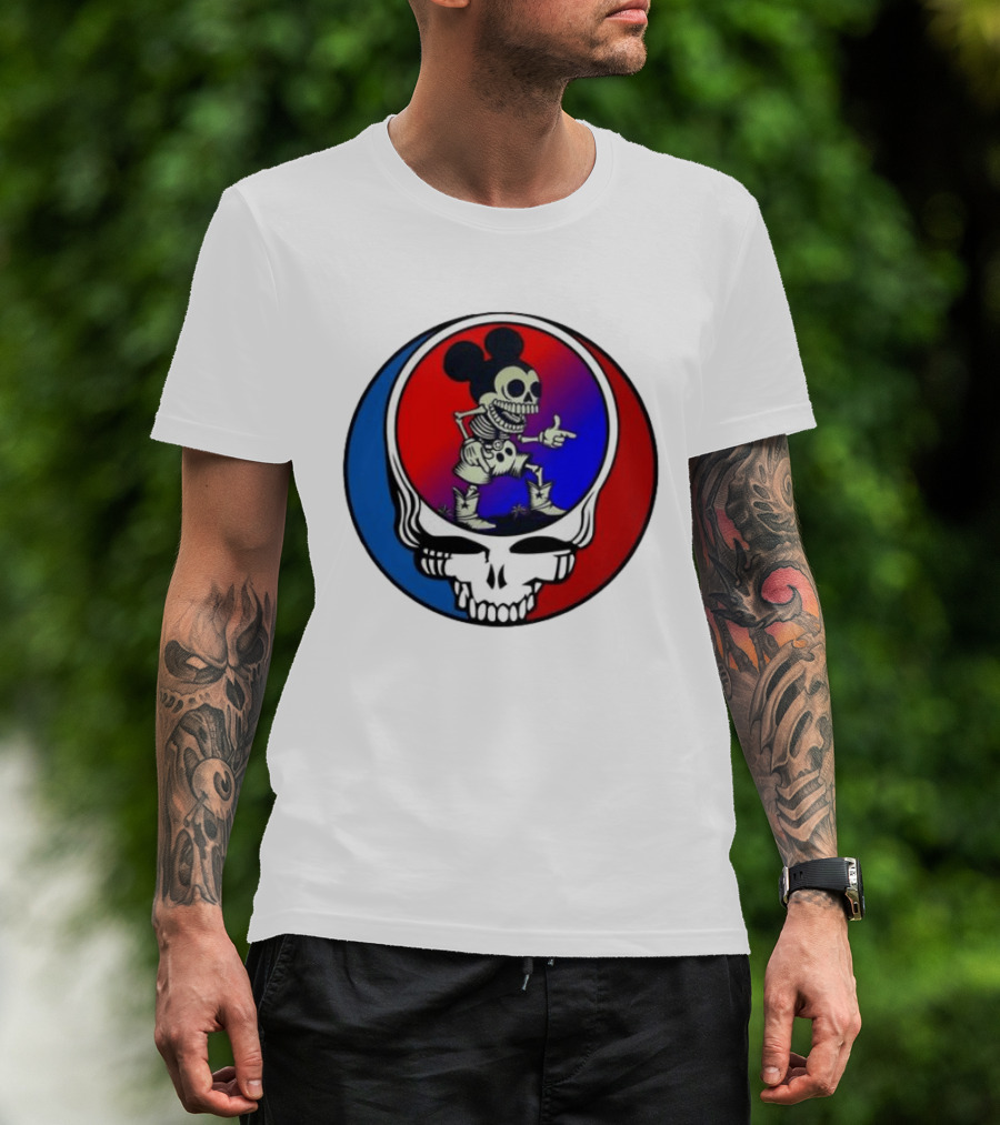 Mickey Mouse Skeleton With Grateful Dead Skull And Roses T-Shirt