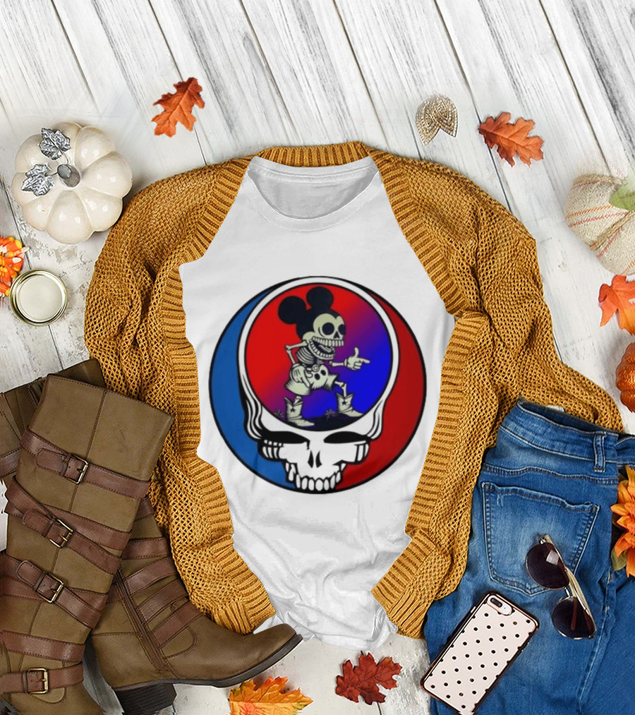Mickey Mouse Skeleton with Grateful Dead Skull and Roses T-Shirt