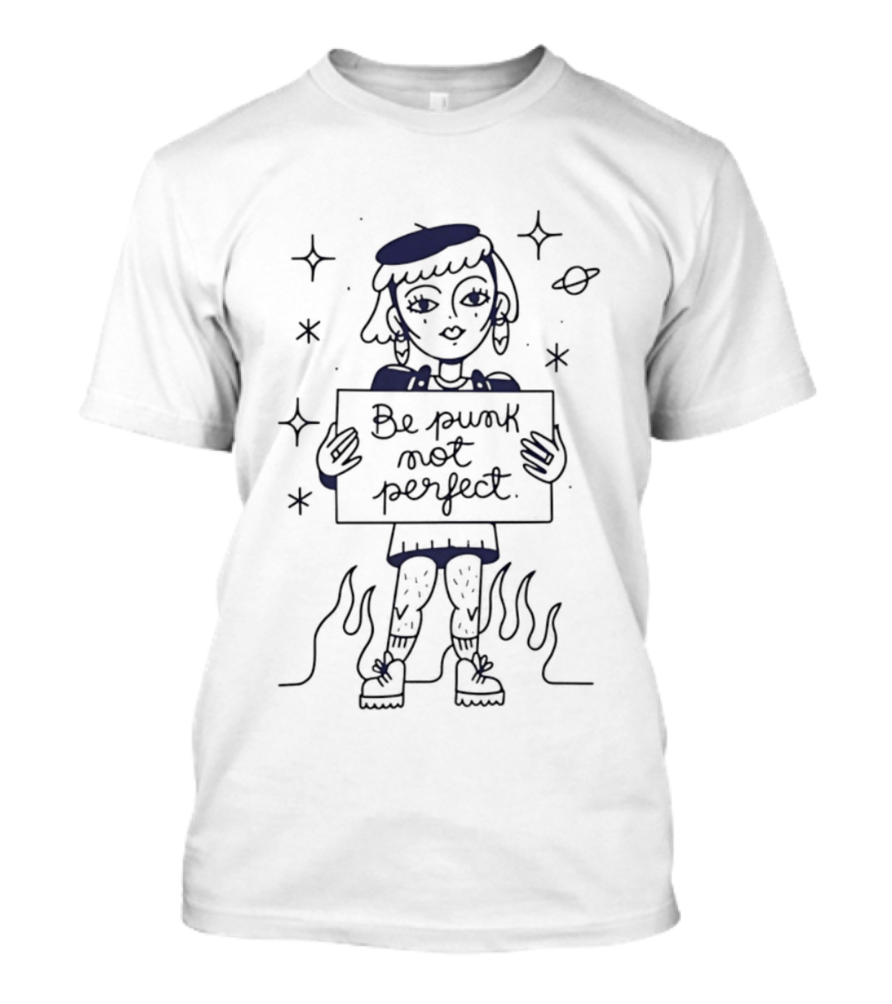 Be Purk Not Perfect Artistic Character Holding Sign With Stars And Flames T-Shirt