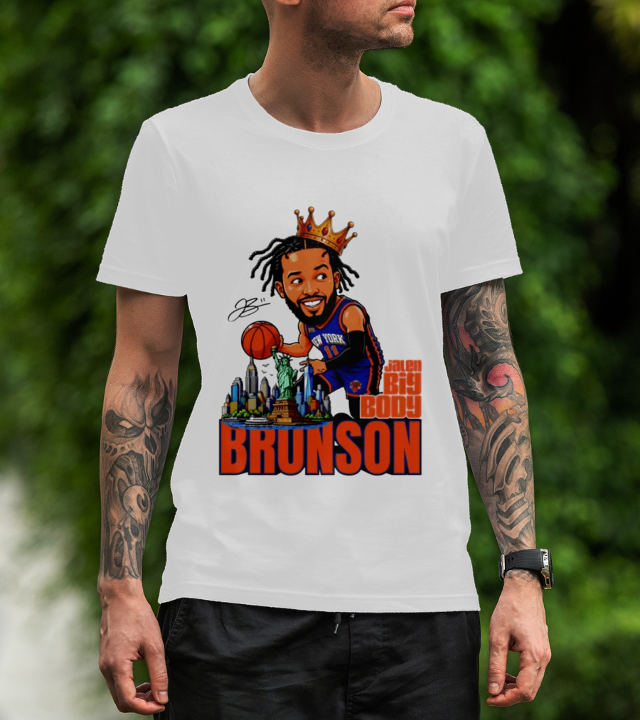 Jalen Brunson King Of NY Caricature With Statue Of Liberty And New York Skyline T-Shirt