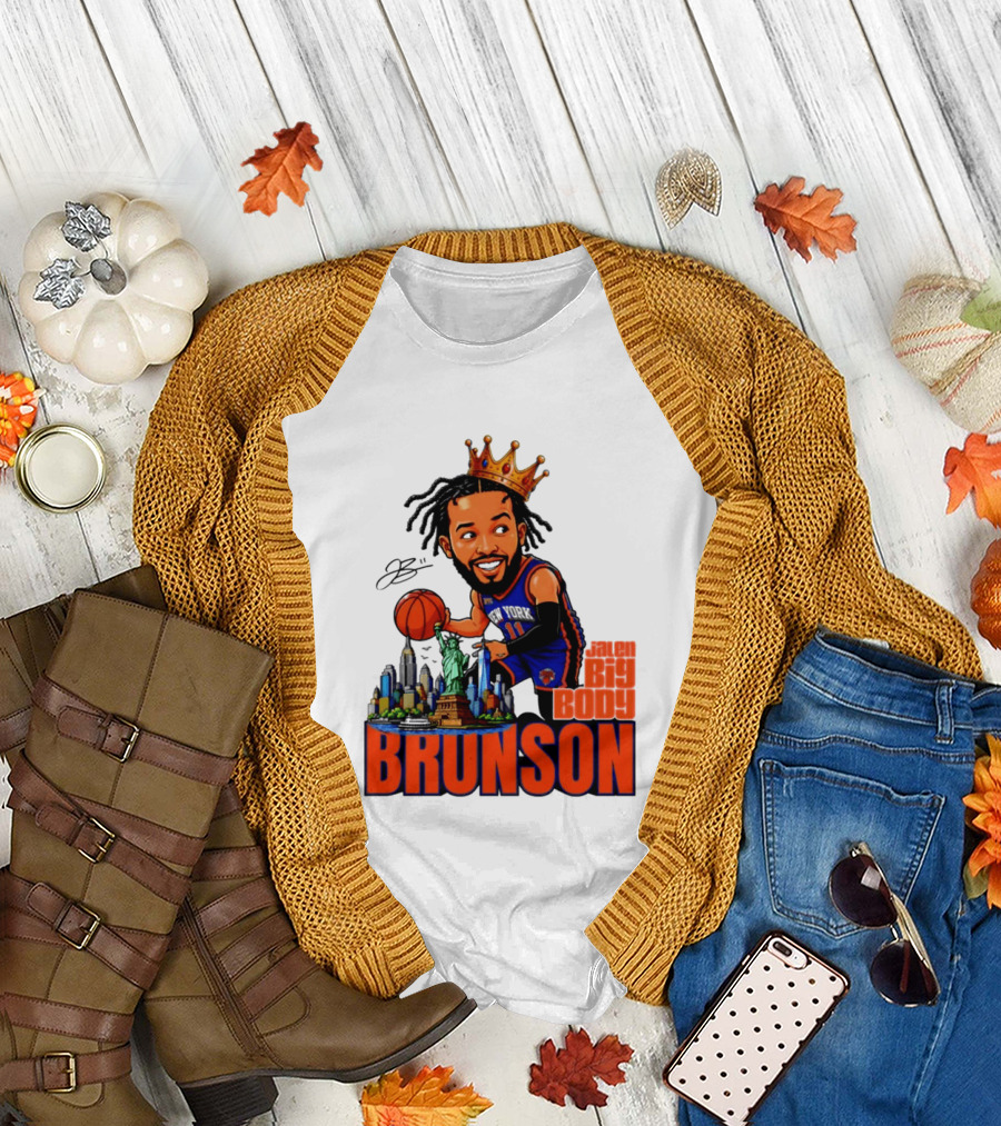 Jalen Brunson King of NY Caricature with Statue of Liberty and New York Skyline T-Shirt