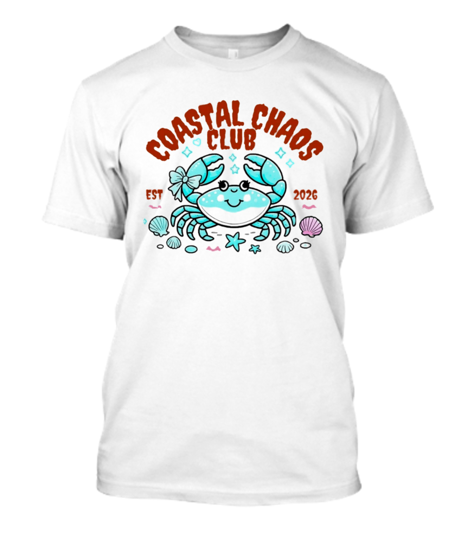 Coastal Chaos Club Est 2026 Smiling Crab Seashells Starfish Bow T-Shirt