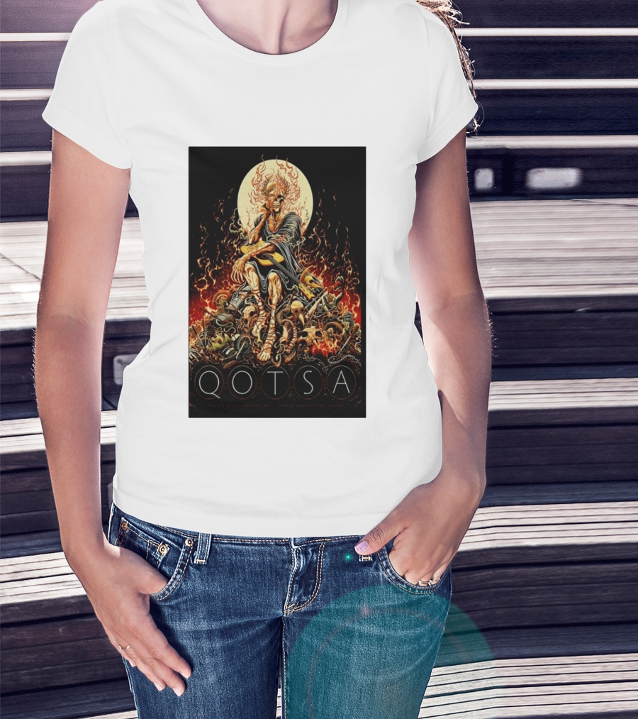 QOTSA April 8 2024 Calgary Communities Centre Flaming Skeleton Throne T-Shirt