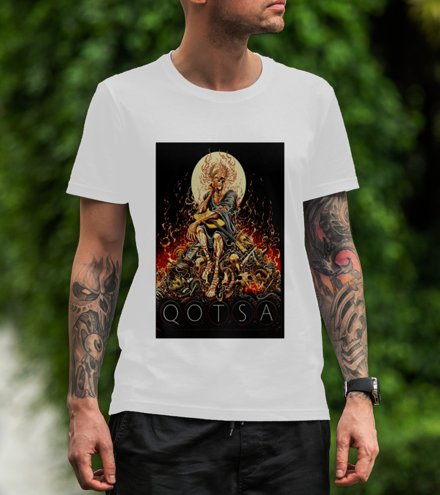 QOTSA April 8 2024 Calgary Communities Centre Flaming Skeleton Throne T-Shirt