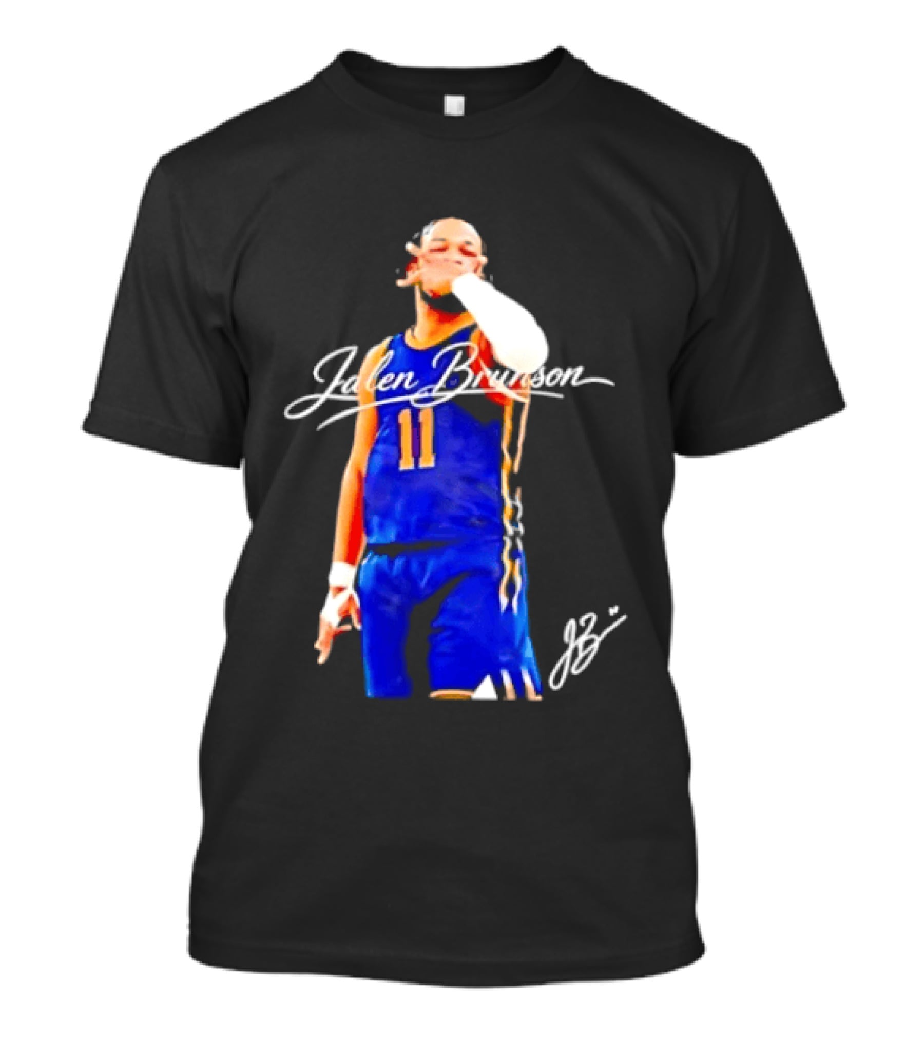 Jalen Brunson 11 Signature Gesture Basketball Blue Uniform T-Shirt