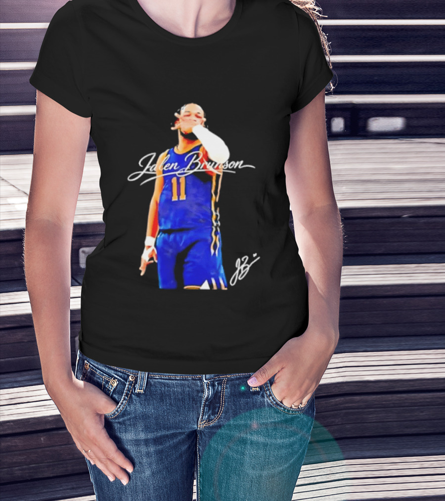 Jalen Brunson 11 Signature Gesture Basketball Blue Uniform T-Shirt