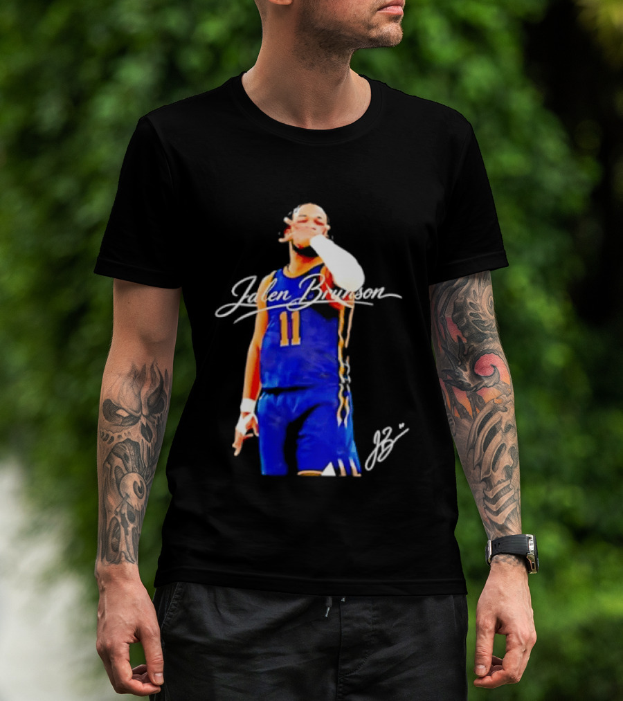 Jalen Brunson 11 Signature Gesture Basketball Blue Uniform T-Shirt