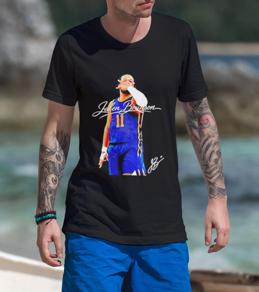 Jalen Brunson 11 Signature Gesture Basketball Blue Uniform T-Shirt