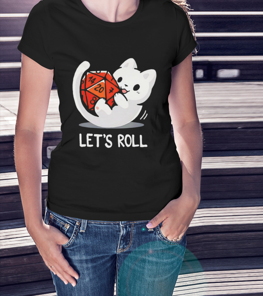 Let's Roll Cat Holding 20 Sided Die Dungeons And Dragons T-Shirt