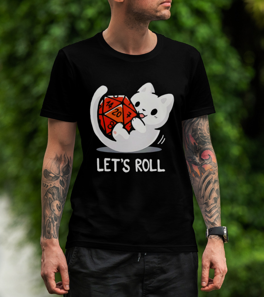 Let's Roll Cat Holding 20 Sided Die Dungeons And Dragons T-Shirt