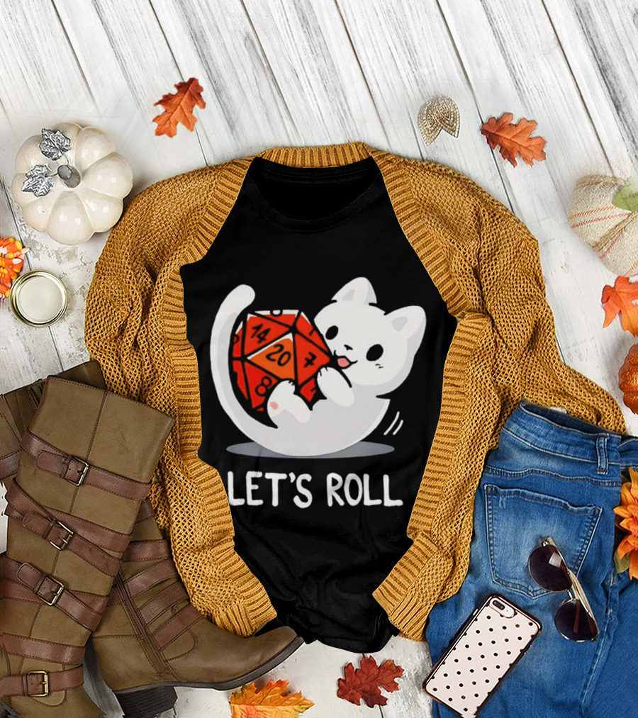 Let's Roll Cat Holding 20 Sided Die Dungeons And Dragons T-Shirt