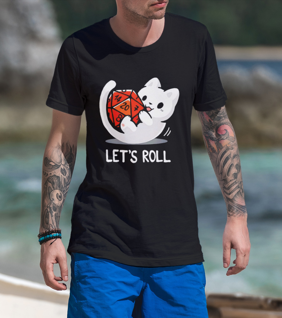 Let's Roll Cat Holding 20 Sided Die Dungeons And Dragons T-Shirt