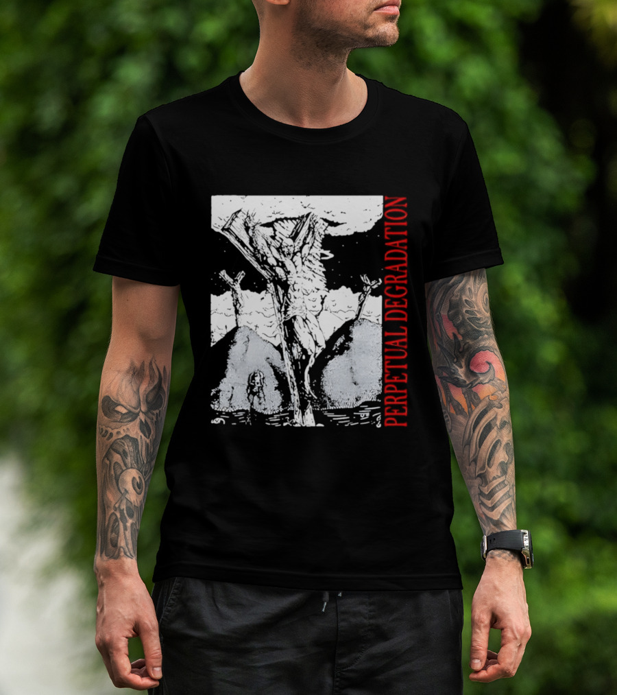 Perpetual Degradation Monster Crucifixion Skull Mountains Clouds T-Shirt
