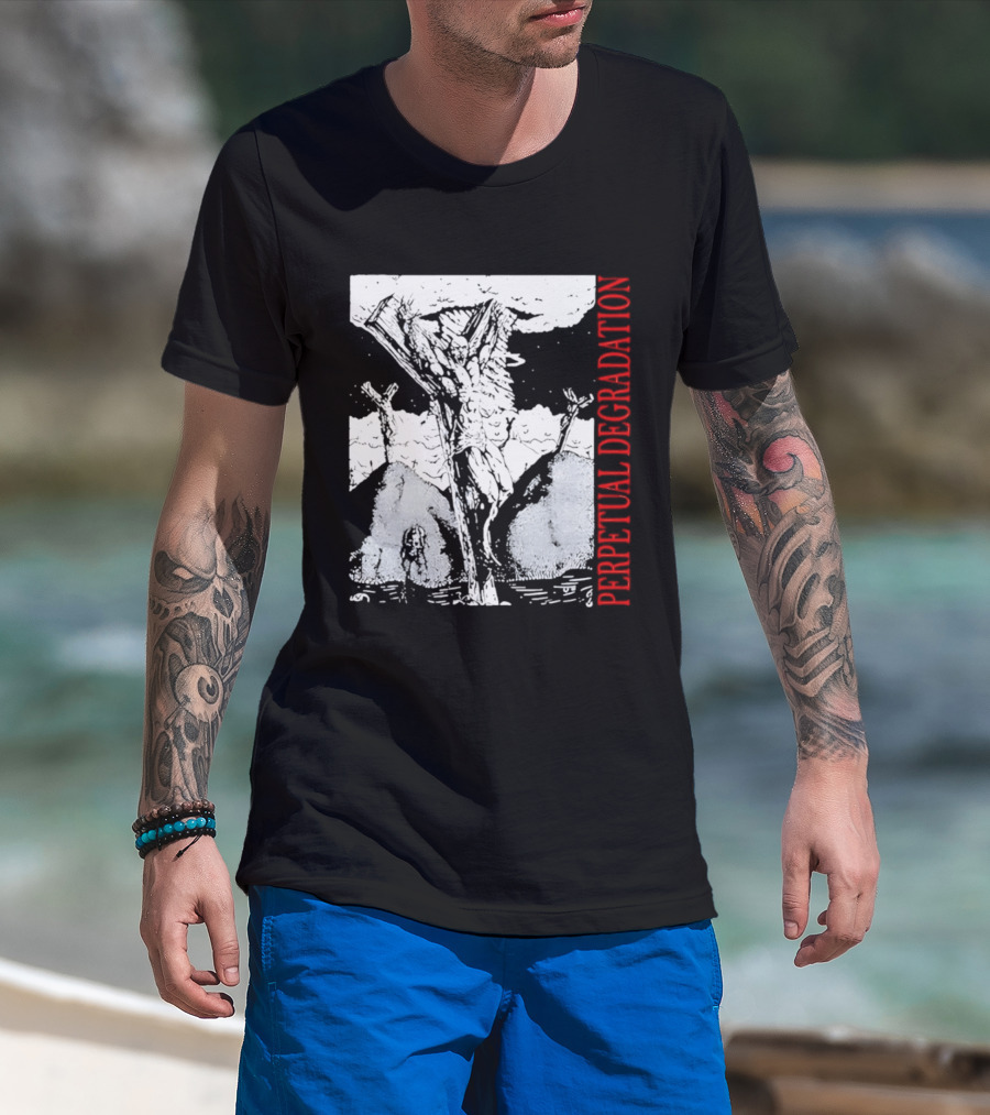 Perpetual Degradation Monster Crucifixion Skull Mountains Clouds T-Shirt