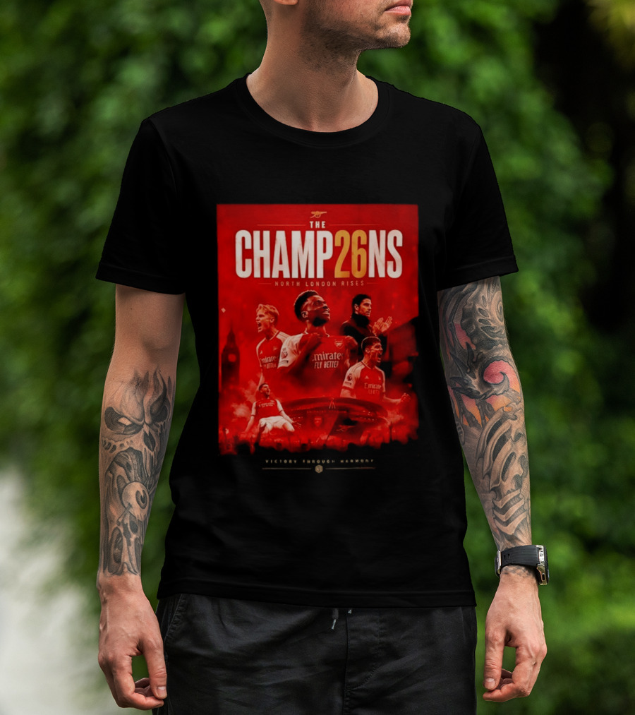 Arsenal FC The Champ26ns North London Rises Emirates Fly Better 2026 T-Shirt