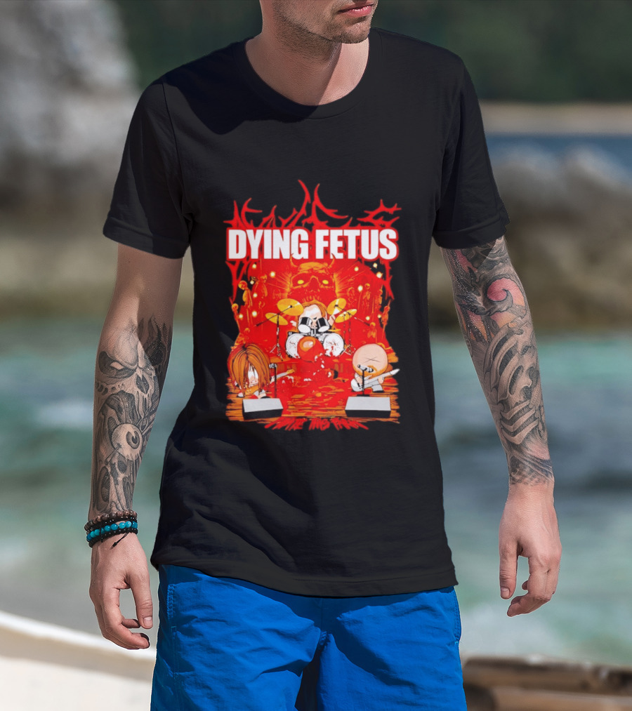Dying Fetus Cartoon Band Rocking Out In Red Scene T-Shirt