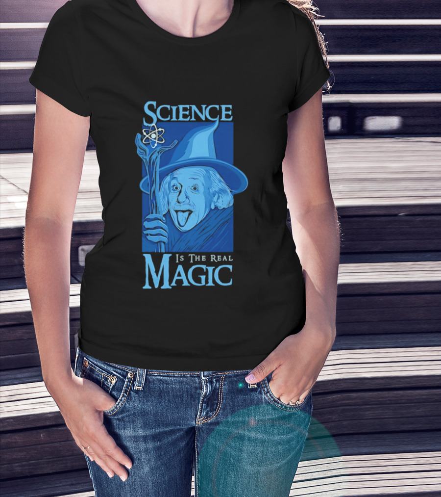 Science Is The Real Magic Einstein Wizard Motif T-Shirt