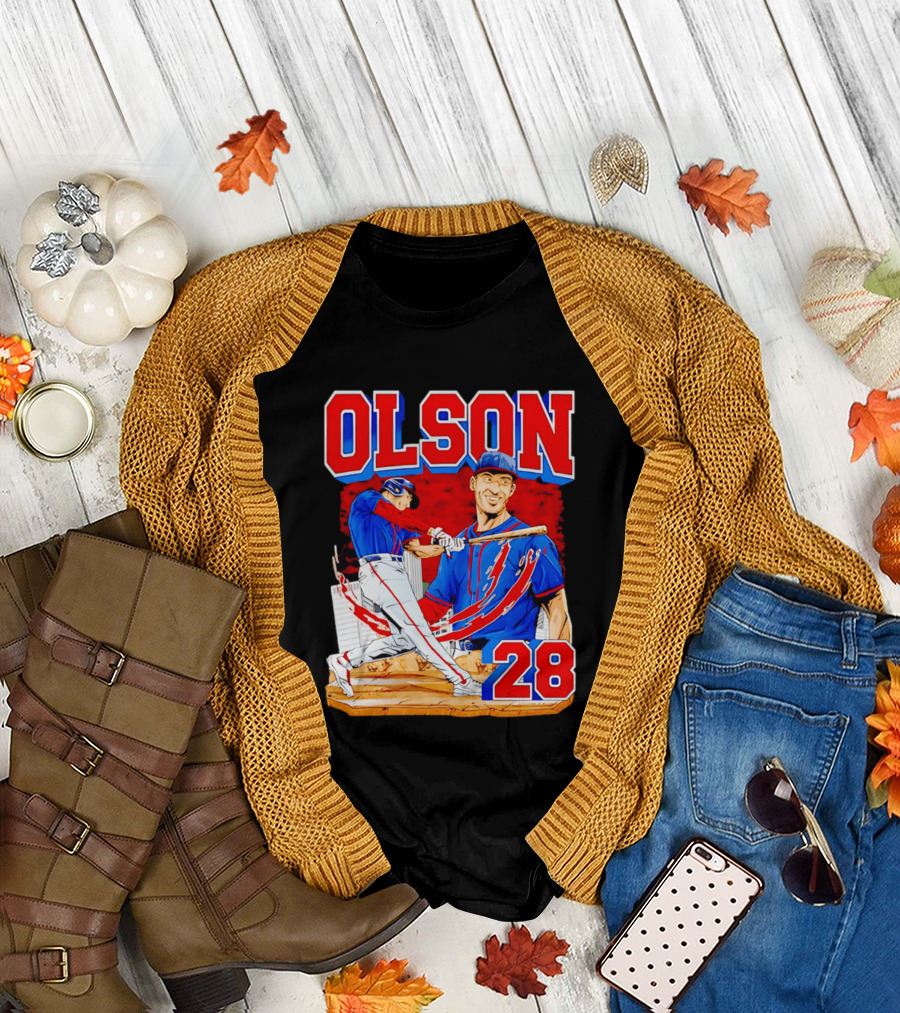 Olson 28 Baseball Player Blue and Red Hand Drawn T-Shirt