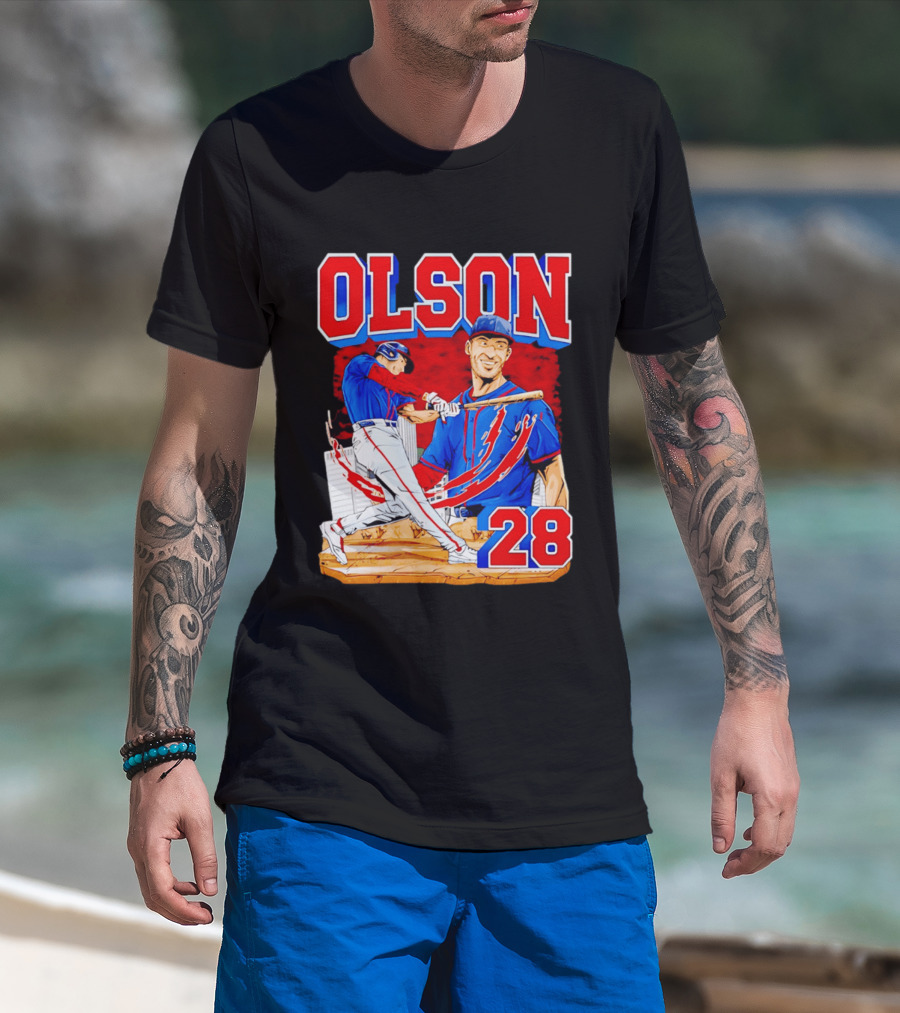 Olson 28 Baseball Player Blue And Red Hand Drawn T-Shirt
