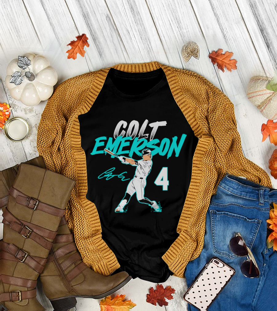 Colt Emerson Seattle Mariners Number 4 Slugger Swing Signature T-Shirt