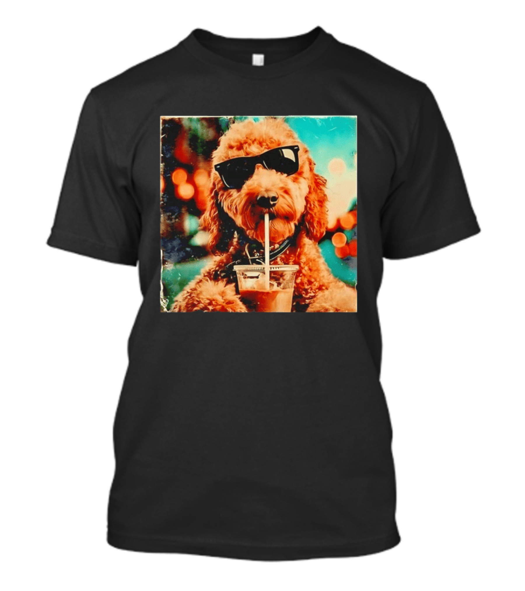 Goldendoodle With Sunglasses Enjoying Iced Coffee Retro Cool Vibes T-Shirt