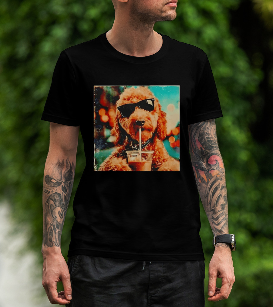 Goldendoodle With Sunglasses Enjoying Iced Coffee Retro Cool Vibes T-Shirt