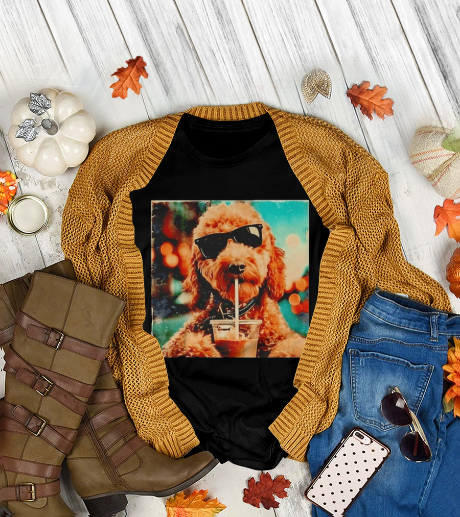 Goldendoodle with Sunglasses Enjoying Iced Coffee Retro Cool Vibes T-Shirt