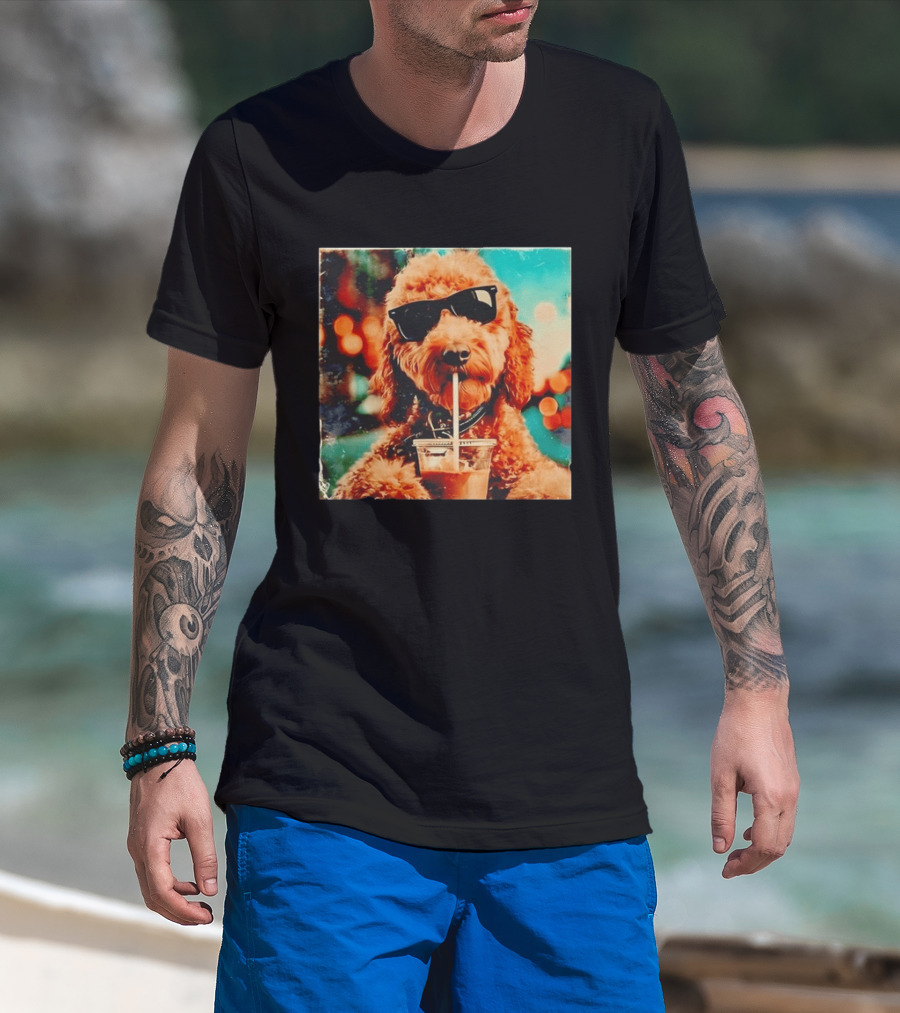 Goldendoodle With Sunglasses Enjoying Iced Coffee Retro Cool Vibes T-Shirt