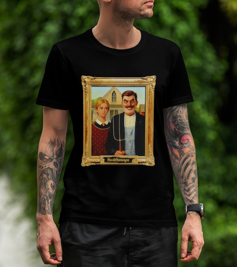 Hello Neighbor American Gothic Man Pitchfork Girl Painting Frame T-Shirt