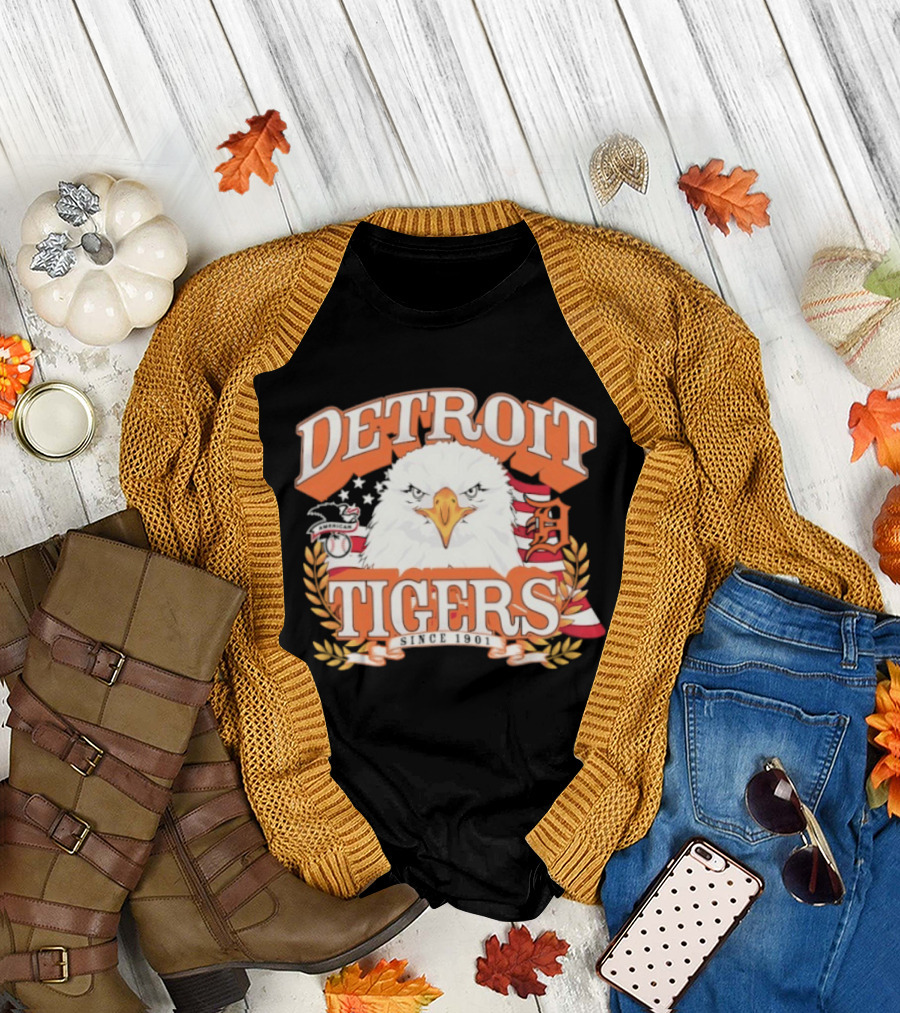 Detroit Tigers Eagle Emblem with American Flag and Stars T-Shirt