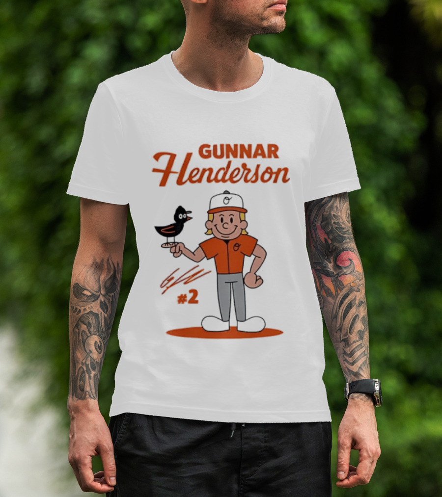 Gunnar Henderson Baltimore Orioles MLB Player Cartoon Character With Bird And Number 2 T-Shirt