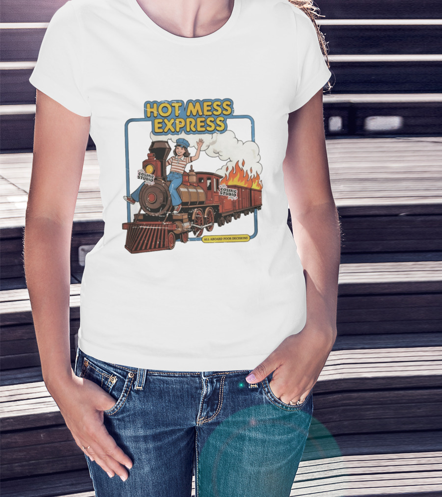 Hot Mess Express All Aboard Poor Decisions Cosmic Studio Vintage Train Cartoon T-Shirt