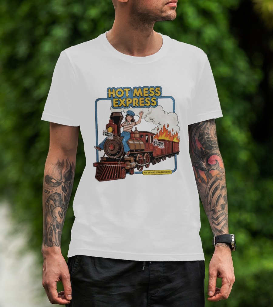 Hot Mess Express All Aboard Poor Decisions Cosmic Studio Vintage Train Cartoon T-Shirt