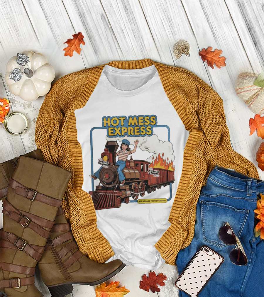 Hot Mess Express All Aboard Poor Decisions Cosmic Studio Vintage Train Cartoon T-Shirt