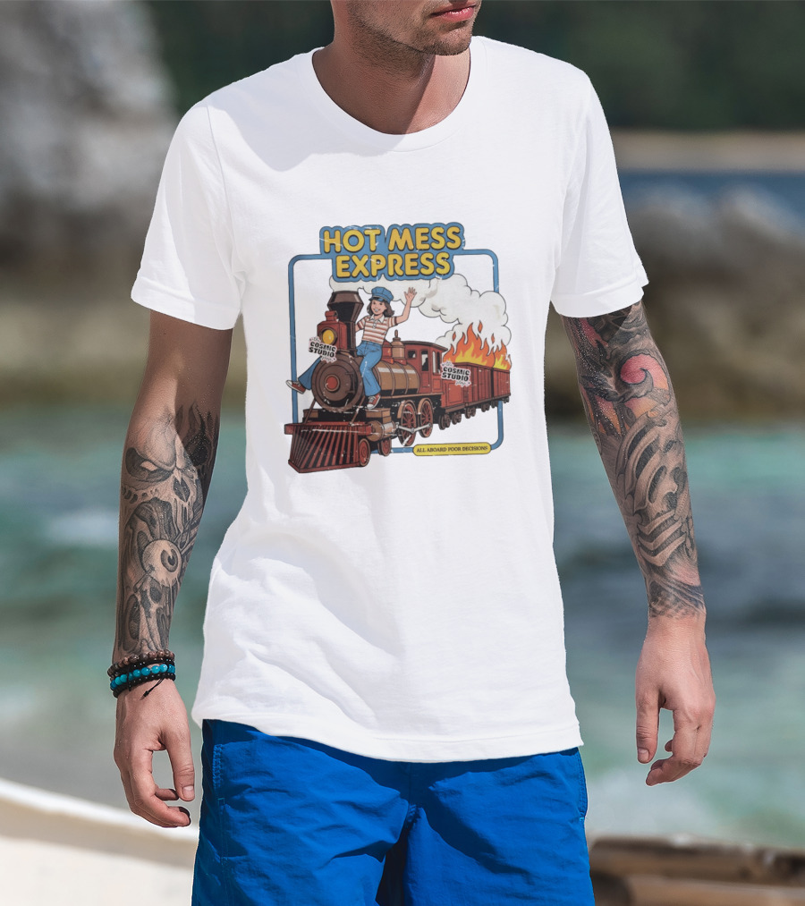 Hot Mess Express All Aboard Poor Decisions Cosmic Studio Vintage Train Cartoon T-Shirt