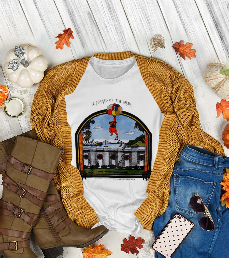 I Peaked at the Greek Grateful Dead 1985 Bear Balloons Musical Notes T-Shirt